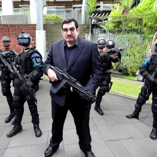 Image similar to evil dan andrews melbourne premier surrounded by swat team