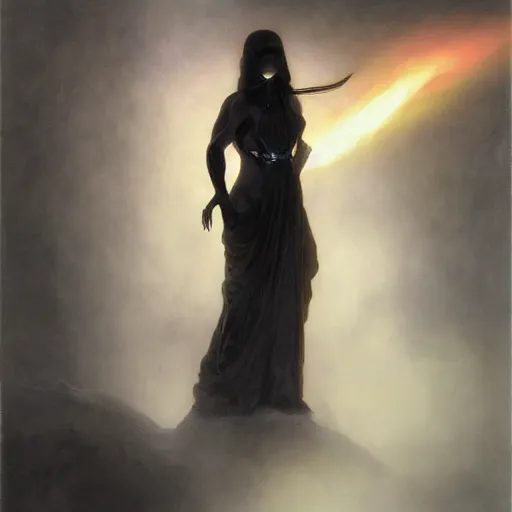 Image similar to awe-inspiring award-winning concept art painting of attractive Ashley Liao in black shrouds as the goddess of the moonbow, rainbow, by Michael Whelan, William Adolphe Bouguereau, John Williams Waterhouse, and Donato Giancola, cyberpunk, extremely moody lighting, glowing light and shadow, atmospheric, shadowy, cinematic, 8K,