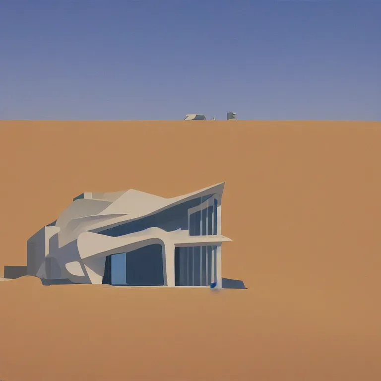 Prompt: Zaha Hadid architecture building in a desert, painted by Edward Hopper, painted by James Gilleard, airbrush