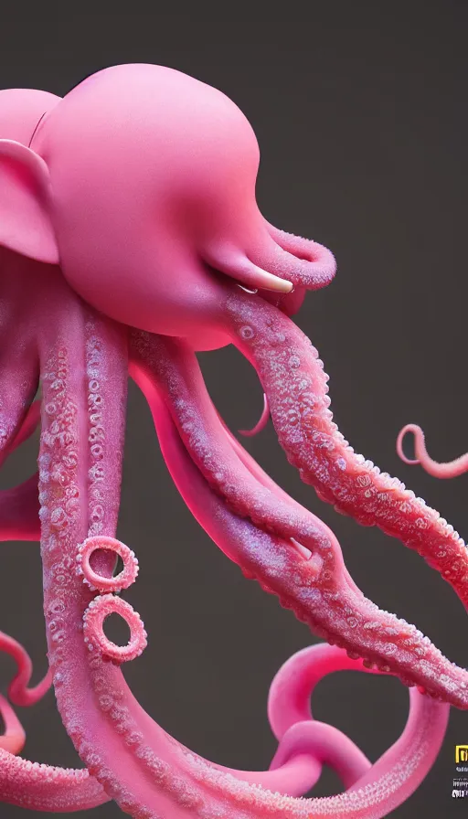 Image similar to A octopus centered-photograph of a pink elephant, film still, dynamic action pose, National Geographic, insane detail, intricate, highly detailed, Zeiss Lens, DSLR photography, smooth, sharp focus, Unreal Engine 5, Octane Render, Redshift, 8K