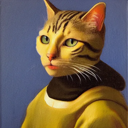 Image similar to A oil painting portrait of a cat wearing a turtleneck in the style of Johannes Vermeer,