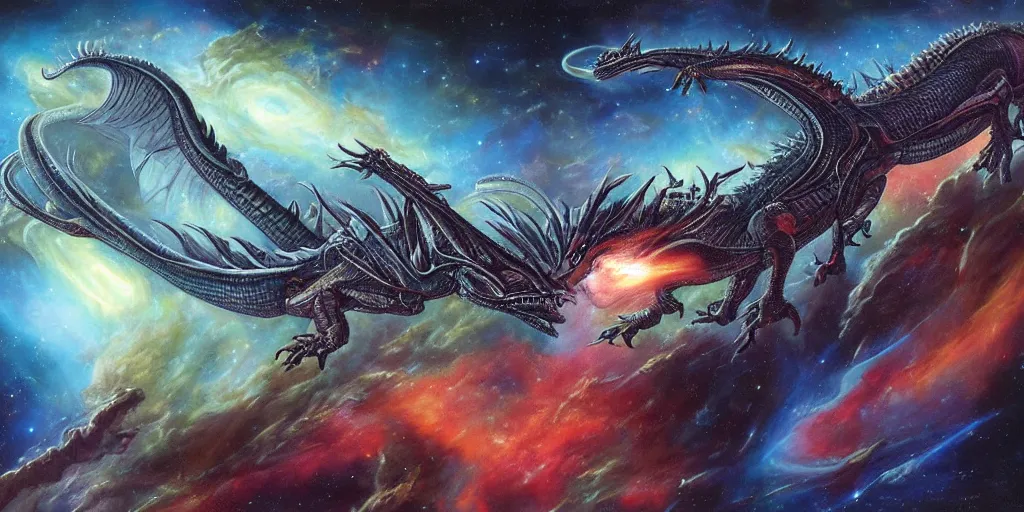 Image similar to an alien dragon flying through outer space, epic nebula, dan seagrave art