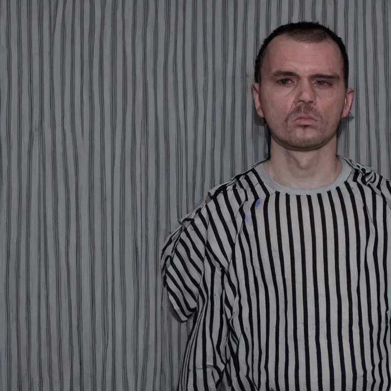 Image similar to bottle headed man wearing striped prison clothing, jail mugshot