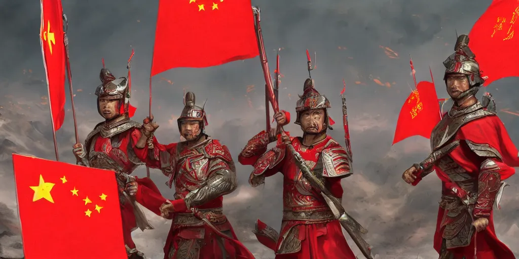Prompt: mid shot cinematic artwork of an ancient Chinese army wearing red armor and holding red flags on the battlefield by greg rutowski, masterpiece, 4k