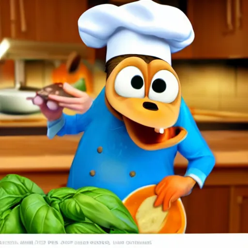 Prompt: pixar style cute platypus on a kitchen wearing a chef hat and holding a lasagna into an over, with three basil leaves over the lasagna, pixar style, ultradetailed, 3 d, ratatouille style