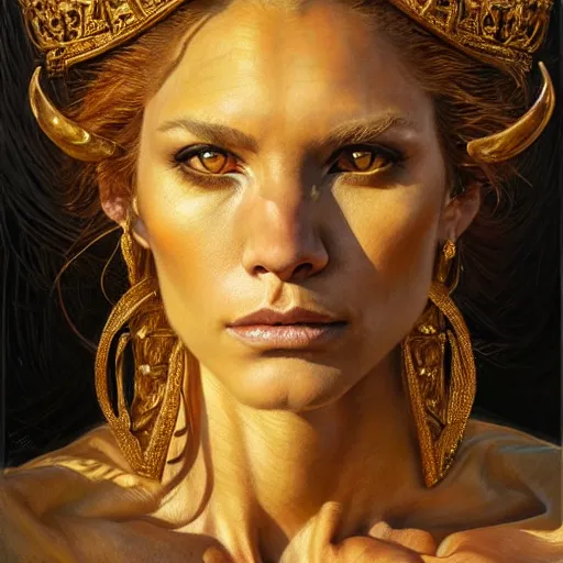 Prompt: highly detailed portrait of a majestic lioness queen in the form of a beautiful woman. d & d. art by donato giancola, brian bolland, ruan jia, peter lindbergh. trending on artstation, intricate details, energetic composition, golden ratio, concept art, illustration, elegant art, global illuminaition