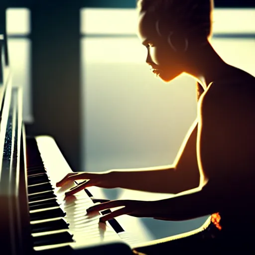 Image similar to a cyborg playing the piano in a futuristic apartment, award winning art, 4k, highly detailed, sharp focus, cinematic lighting, smooth