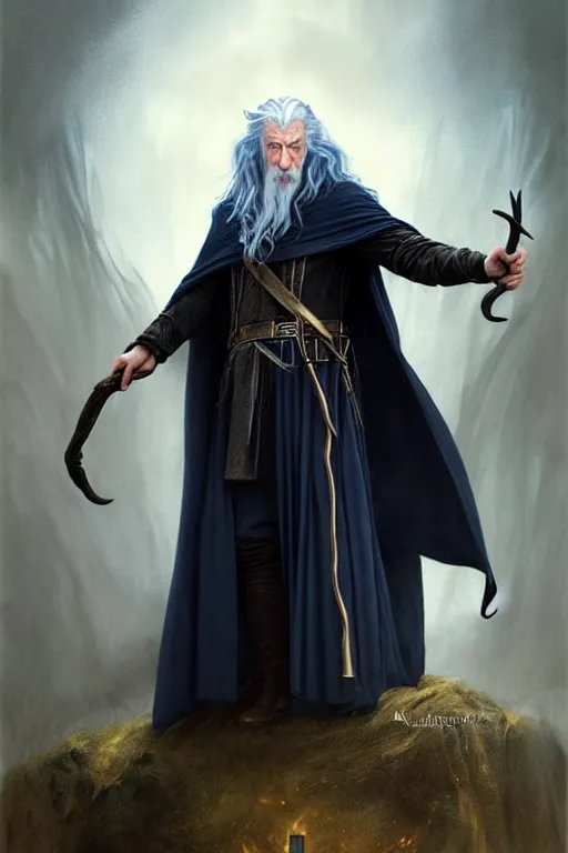 Image similar to handsome mage holding gandalf's staff, long black hair blue eyes wearing leather mantle gothic navy cloak with gold details, castle town, fantasy character portrait, ultra realistic, intricate, elegant, highly detailed, digital painting, artstaion, smooth, sharp, focus, illustration, art by artgerm and greg rutkowski and alphonse mucha