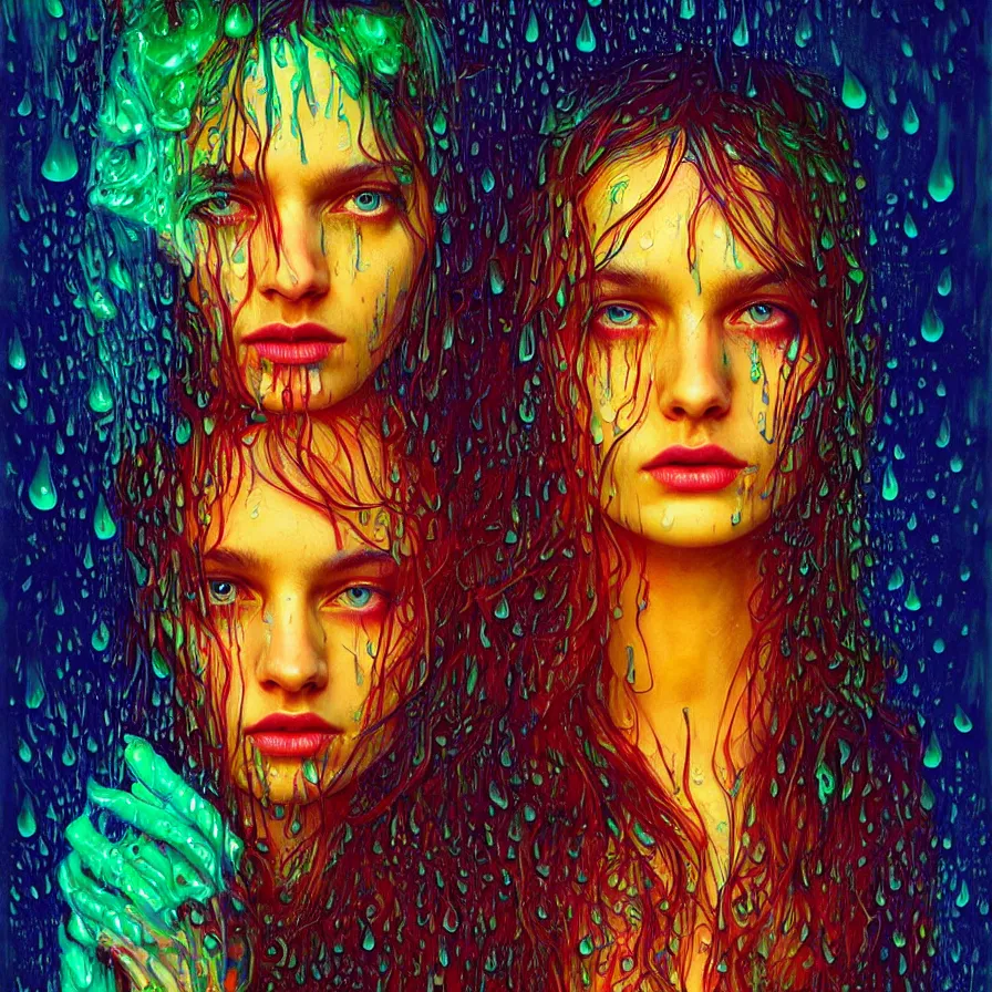 Image similar to bright asthetic portrait of LSD in rain with wet hair and face, liquid, fantasy, intricate, elegant, dramatic lighting, highly detailed, lifelike, photorealistic, digital painting, artstation, illustration, concept art, smooth, sharp focus, art by John Collier and Albert Aublet and Krenz Cushart and Artem Demura and Alphonse Mucha