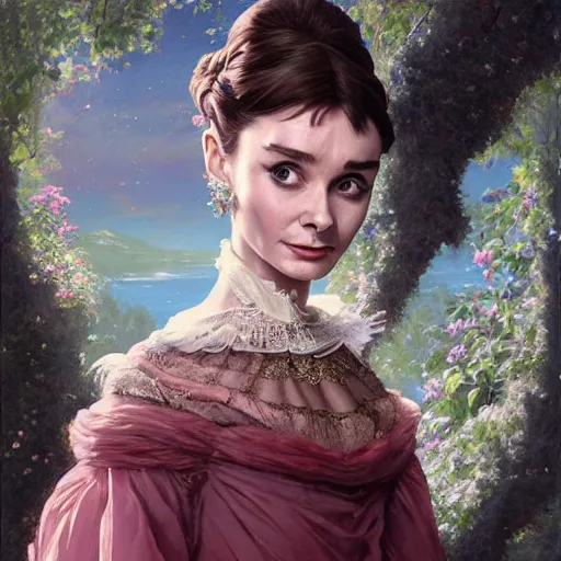 Prompt: audrey hepburn in an epic victorian novel, various backgrounds, intricate, elegant, highly detailed, digital painting, artstation, matte, illustration, art by artgerm, greg rutkowski, loish, rhads, ferdinand knab, makoto shinkai, lois van baarle, ilya kuvshinov, rossdraws, tom bagshaw