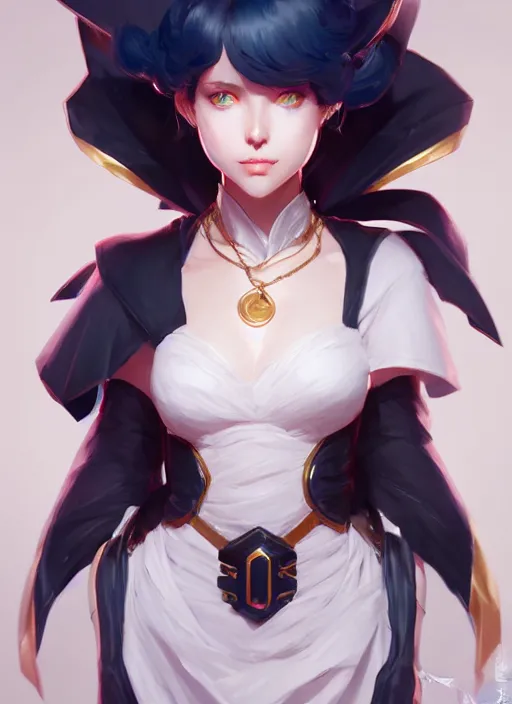 Prompt: leblanc, wide angle view, white, black, blue, pink, gold, highly detailed, artgerm, cushart krenz, zeronis, sakimichan, trending on artstation, soft light, sharp edges, illustration, character design, concept art