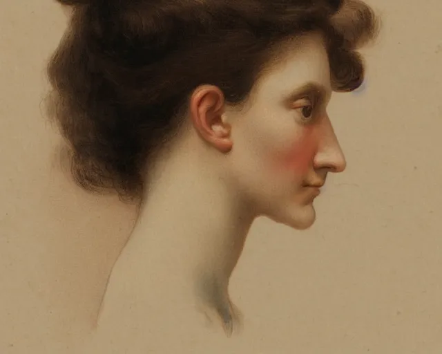 Image similar to colored portrait. a very unique profile, seen from the side, medium shot, of a woman's profile, with sharp face, a straight and very long nose, and huge prominent eyes. her hair is curly. old photograph. sharp image. watercolor. highly detailed, color harmony, art station, ornate, caravaggio style. old photography