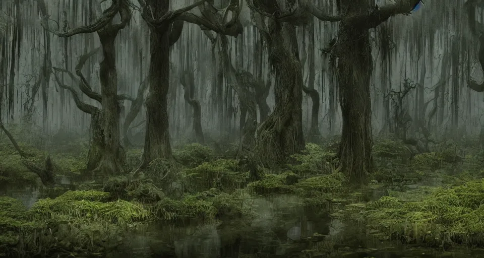 Image similar to A dense and dark enchanted forest with a swamp, from Kenshin