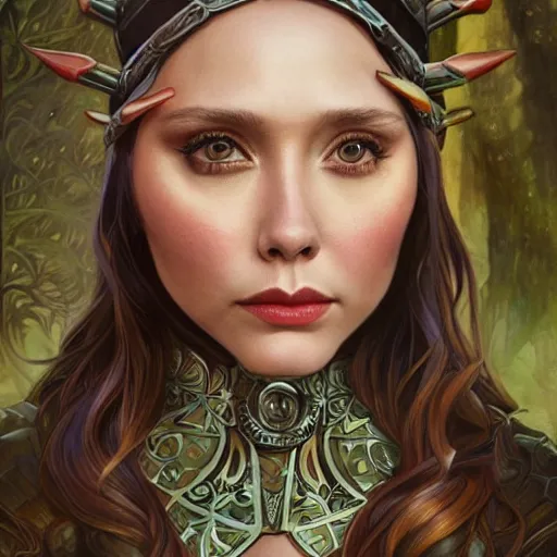 Image similar to Elizabeth Olsen as a elf archer, cute, fantasy, intricate, elegant, highly detailed, centered, digital painting, artstation, concept art, smooth, sharp focus, illustration, art by artgerm and H R Giger and alphonse mucha