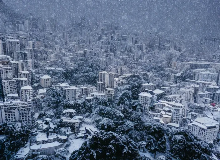 Prompt: rio de janeiro pao de acucar, city snowing with a lot of snow, photography award photo, 4 k