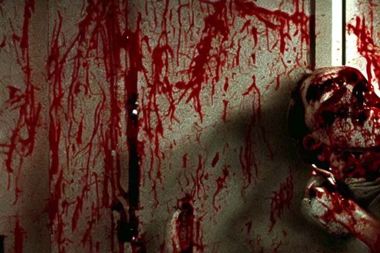 Image similar to filmic wide shot angle movie still 35mm film color photograph of a decapitated doctor with blood spewing from his neck and splattered blood all over the walls in a science lab in the style of a 1982 horror film