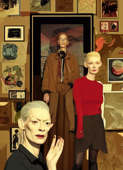 Prompt: Twin Peaks poster artwork by Michael Whelan, Bob Larkin and Tomer Hanuka, Karol Bak of portrait of radio host Tilda Swinton hanging out in her studio radio sound booth, from scene from Twin Peaks, simple illustration, domestic, nostalgic, from scene from Twin Peaks, clean