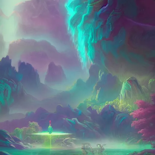 Image similar to landscape of hero with pistol swimming in chromatic SPIRITS in misty mysterious astral temple, beautiful, dmt, trending on artstation, omnious, soft, artwork by Wong, Liam