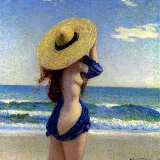 Image similar to painting of a young woman with a hat on at a beach by Guy Rose and Geroges Clarin, high quality, highly detailed, Romanticism, 1900s, oil painting, coherent