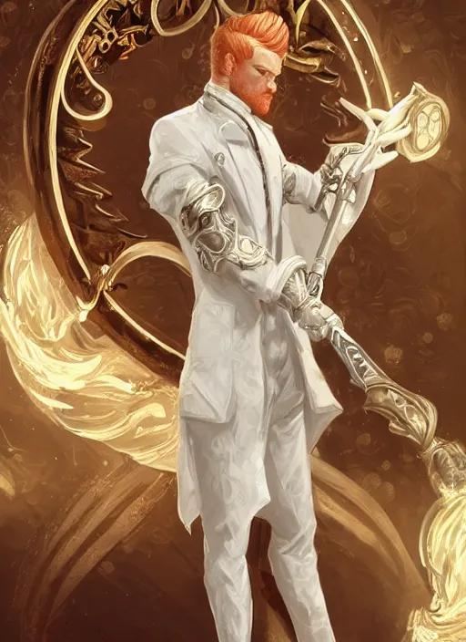 Image similar to a highly detailed illustration of short ginger haired man wearing white suit, dramatic holding ornate mechanical cane pose, intricate, elegant, highly detailed, centered, digital painting, artstation, concept art, smooth, sharp focus, league of legends concept art, WLOP