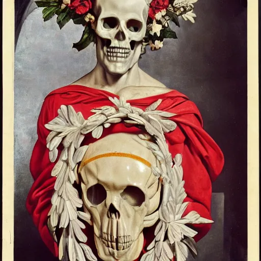 Image similar to a man in the form of a Greek sculpture with a mask in the form of a skull and wreath of flowers skulls in hands dressed in a biomechanical dress, red white and gold color scheme, baroque, by Michelangelo