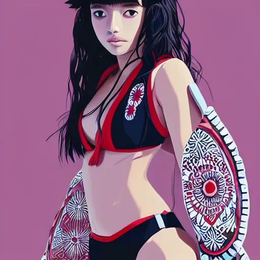 Image similar to a beautiful young japanese natalie portman alluring gravure model, stylized concept art, wearing elegant designer bomber jacket and one piece bikini, bomber jacket with mesoamerican patterns, mesoamerican native street fashion, princess mononoke, painted by ilya kuvshinov aesthetic, gorgeous, stunning, alluring, attractive, artstation, pinterest, digital art