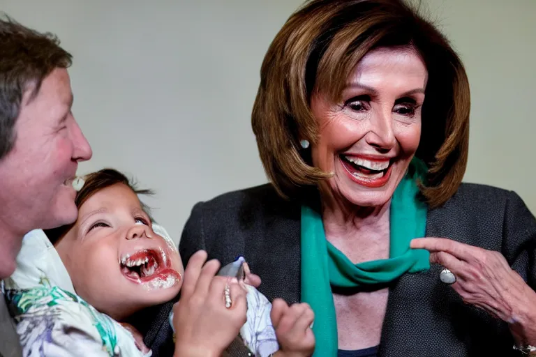 Image similar to Photograph of Nancy Pelosi smiling and eating a small child. Blood is everywhere.