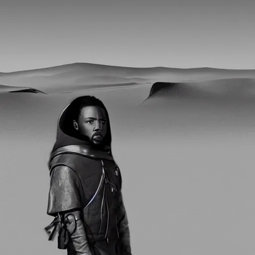 Image similar to black and white matte painting of Kendrick Lamar in the movie Dune