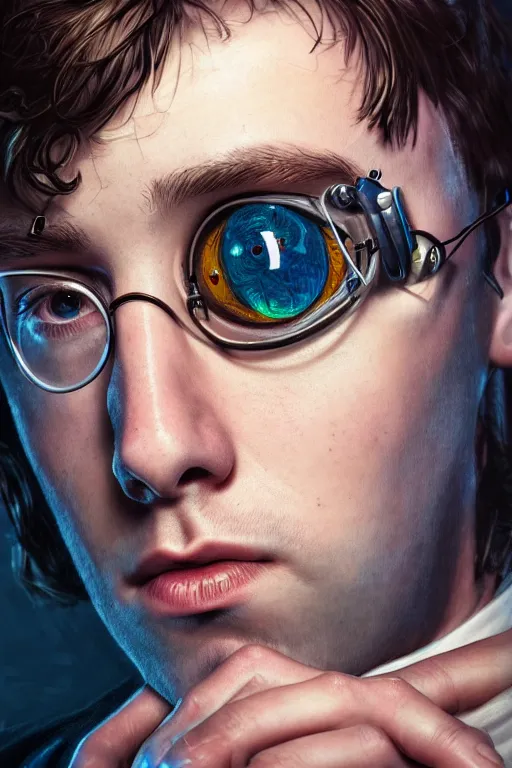 Image similar to Portrait of a harry potter with a cybernetic implanted eye, elegant, photorealistic, highly detailed, artstation, smooth, sharp focus, cyberpunk ornaments, neon lighting, sci-fi, art by Klimt