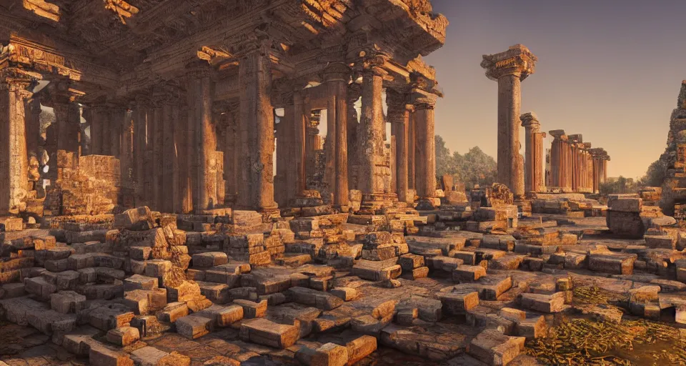 Image similar to Ancient temple ruins, hyperdetailed, artstation, cgsociety, golden hour 8k