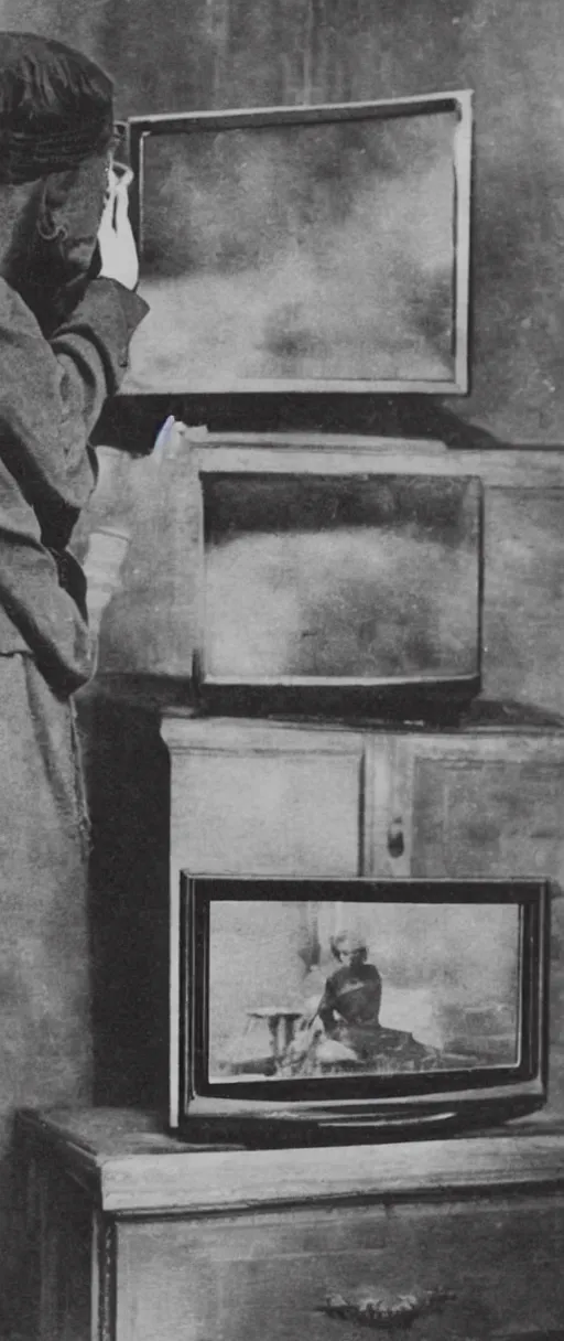 Image similar to 1 9 0 0 s photo of a person watching a flat screen hd tv