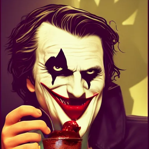 Image similar to Joker drinking a chocolate milkshake, hyperdetailed, artstation, cgsociety, 8k