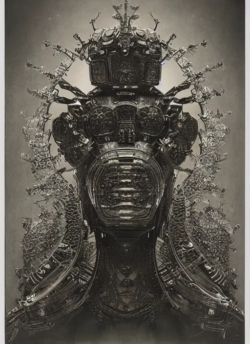 Image similar to old wetplate daguerreotype frame portrait of a futuristic silver armored geisha emperor district 9 cyborg, fractal, intricate, elegant, highly detailed, subsurface scattering, by jheronimus bosch and greg rutkowski and louis jacques mande daguerre