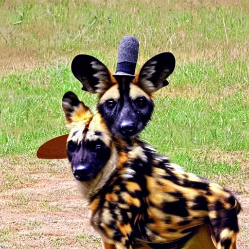 Image similar to A photo of the world's greatest showman: the african wild dog dressed in a hat!