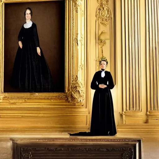 Image similar to photo of a french lawyer wearing a french black court dress, contemporary, color, award - winning, realistic