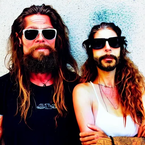 Prompt: 3 9 - year - old french bearded long - haired yoga punk singer wearing wraparound sunglasses. he also works as a commercial model and actor. looks like brad pitt. a beautiful woman stands next to him. vaporwave.