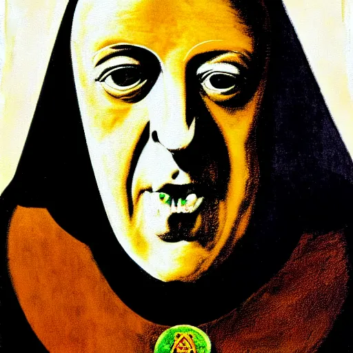 Image similar to graphic illustration, creative design, aleister crowley as a nun, biopunk, francis bacon, highly detailed, hunter s thompson, mixed media