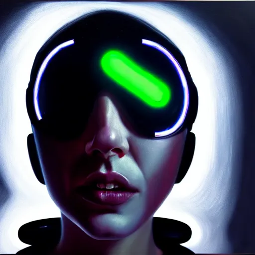 Prompt: hyperrealism oil painting portrait of cyberpunk cyborg fashion model with glowing eyes