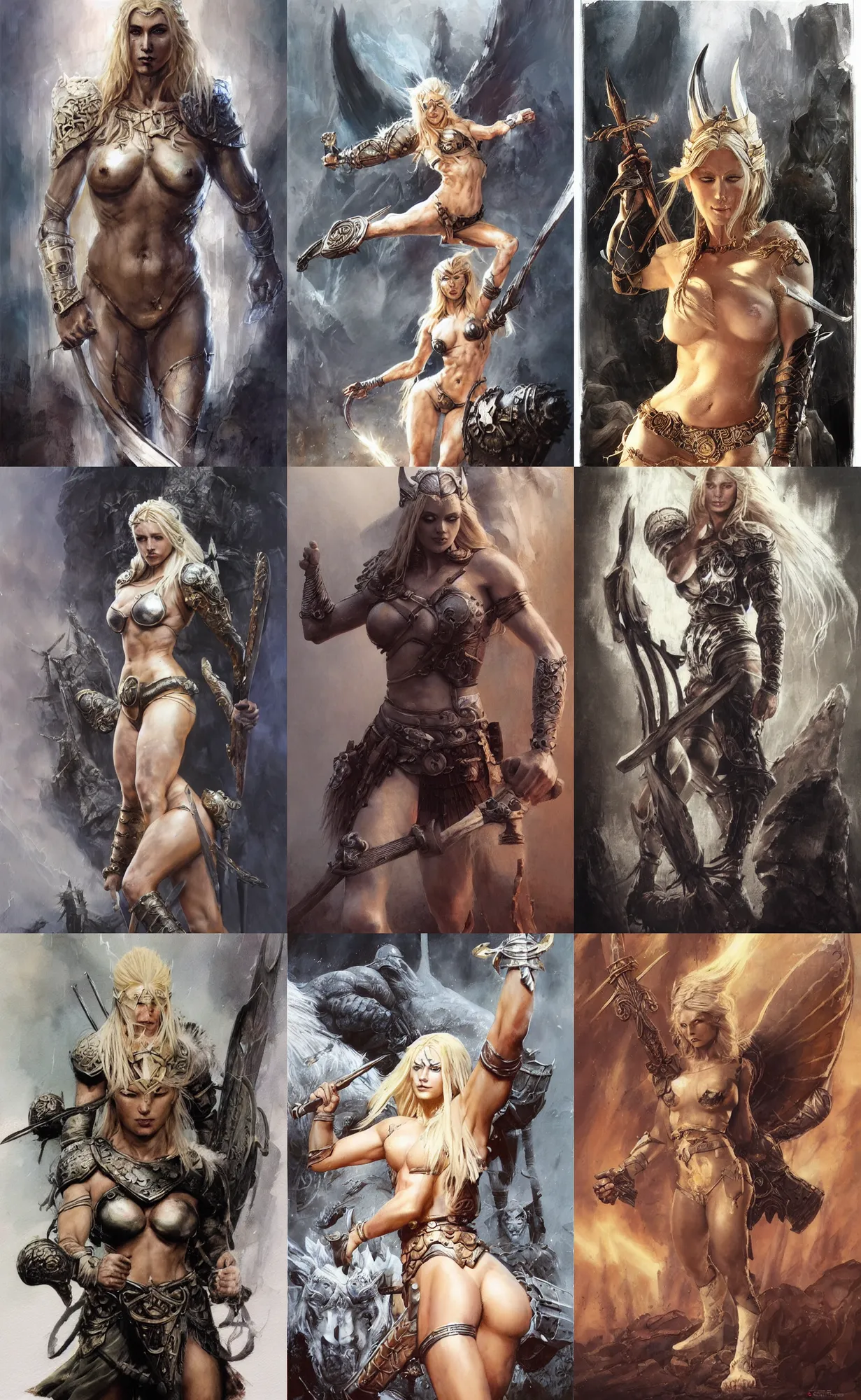 Image similar to A mixed media painting of the beautiful blonde viking goddess of war infused with lightning, very aesthetic, detailed face, by Frank Frazetta, Greg Rutkowski, Boris Vallejo, Beeple, Yoko Taro, Christian MacNevin, epic fantasy character art, goddess of anger, runes, high fantasy, CGsociety, full length, exquisite detail, post-processing, low angle, masterpiece, cinematic, odin's stone arena background