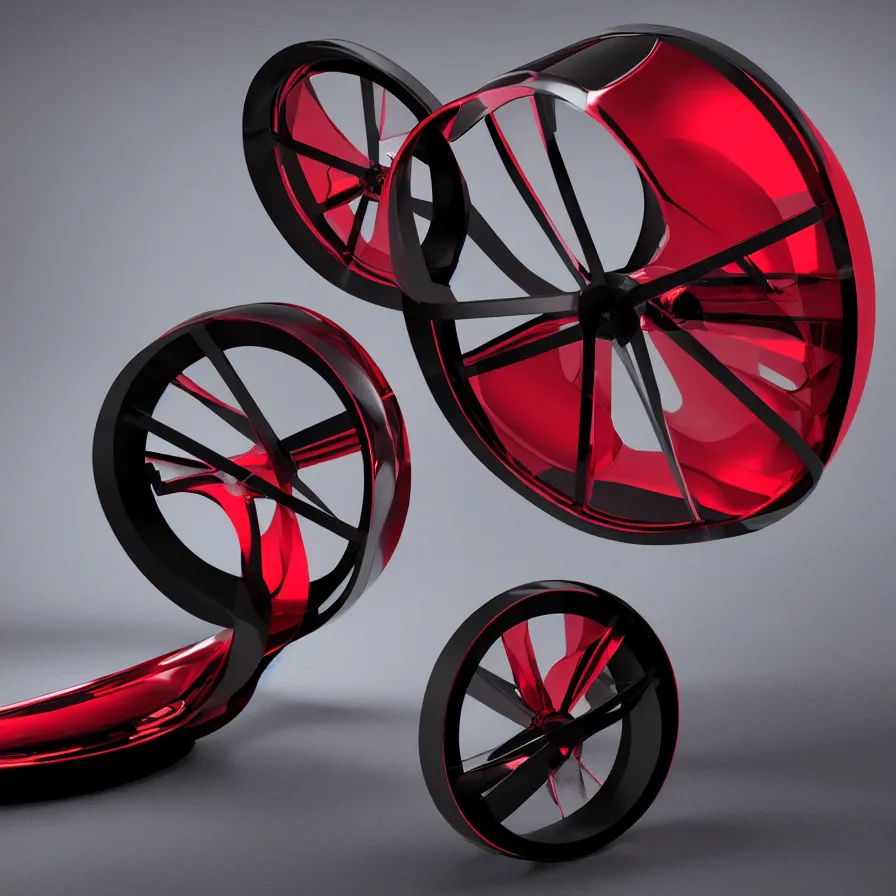 Image similar to a design of a futuristic monowheel, designed by pininfarina, northern lights background, brushed red bike paint, black rims, dark show room, dramatic lighting, hyper realistic render, depth of field