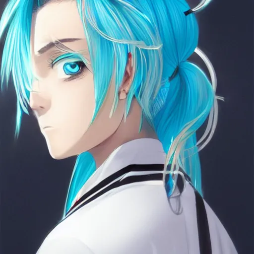 Prompt: side profile of rimuru tempest with sky blue hair, ponytail, gold eyes, black jacket with white stripes and a high collar, detailed face | highly detailed, roman city | professional digital art, concept art, award winning photography, cinematic, wlop | art by pixiv art, ilya kuvshinov, greg rutkowski, yoshitaka amano