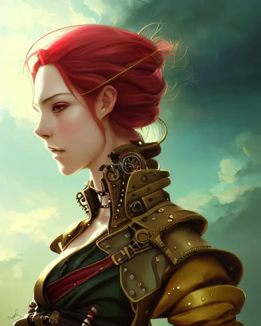 Image similar to a beautiful close up portrait 2D illustration of a young female steampunk pirate wearing leather armor on gold and red trimmings on green, by Charlie Bowater, tom bagshaw, Artgerm and Lois Van Baarle, beautiful anime face, very cool pose, pirate ship with an epic sky background, pondering face, smart look, cinematic anime lighting and composition, fantasy painting, very detailed, ornate, trending on artstation and pinterest, deviantart, google images