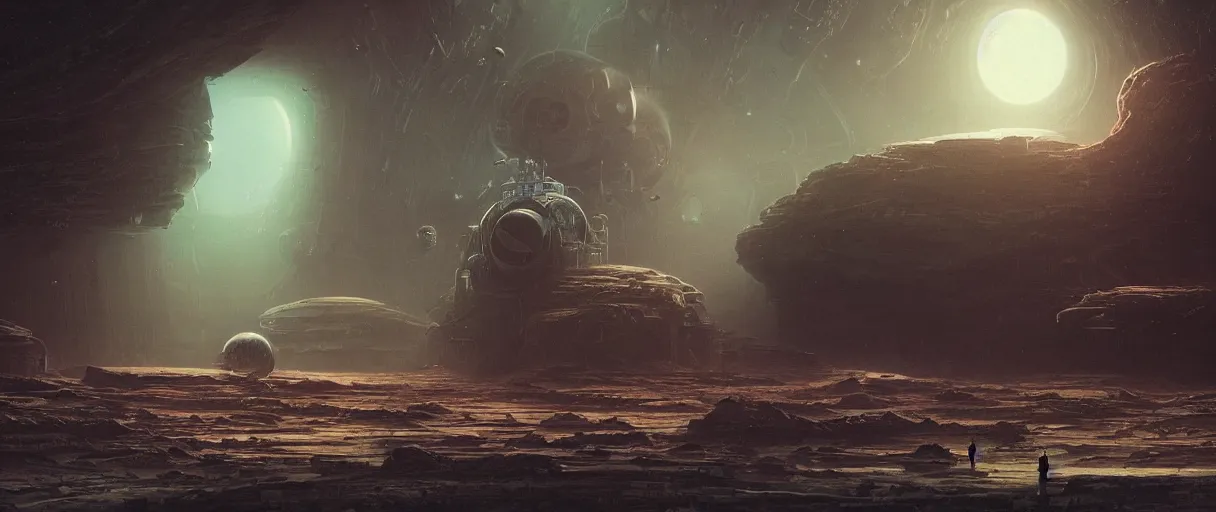 Prompt: Halls of Space by Ben Wanat; illustration, deep space exploration, the expanse tv series, industrial design, space travel, intergalactic, atmospheric, cinematic lighting, 4k, greebles, widescreen, wide angle, beksinski, sharp and blocky shapes, simon stalenhag palette