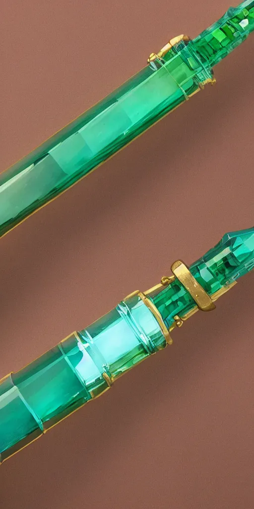 Image similar to photograph of a wide green and teal crystal sword with a big gold sword hilt