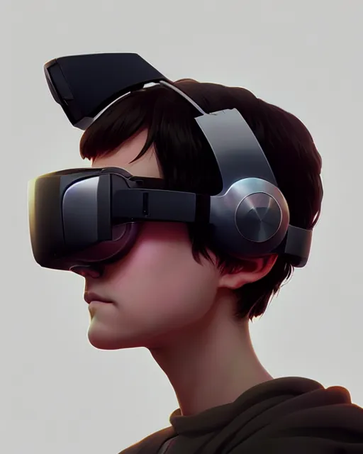 Image similar to highly detailed vfx portrait of a character wearing a vr headset, stephen bliss, unrealengine, greg rutkowski, loish, rhads, beeple, makoto shinkai and lois van baarle, ilya kuvshinov, rossdraws, tom bagshaw,