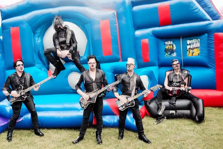 Image similar to rammstein band playing in a bouncy castle