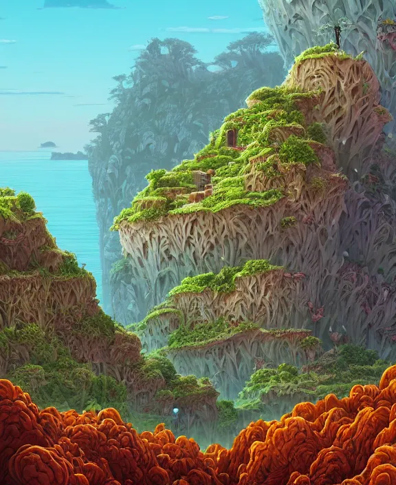 Image similar to an enormous bunker made out of exotic fungus, overgrown with weird fungus and slime, cliff side, noon, sun drenched, partly cloudy, by dan mumford, yusuke murata, makoto shinkai, ross tran, cinematic, unreal engine, cel shaded, featured on artstation, pixiv