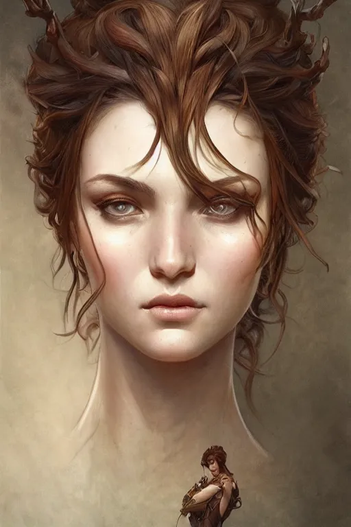 Image similar to up close portrait of a wood fae, d & d, face, fantasy, intricate, elegant, highly detailed, digital painting, artstation, concept art, smooth, sharp focus, illustration, art by artgerm and greg rutkowski and alphonse mucha