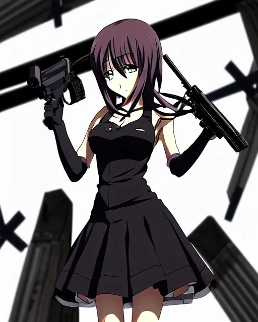 Image similar to female action anime girl, black dress, gun, symmetrical faces and eyes symmetrical body, middle shot waist up, airplane hanger background, Madhouse anime studios, Black Lagoon, Wit studio anime, 2D animation