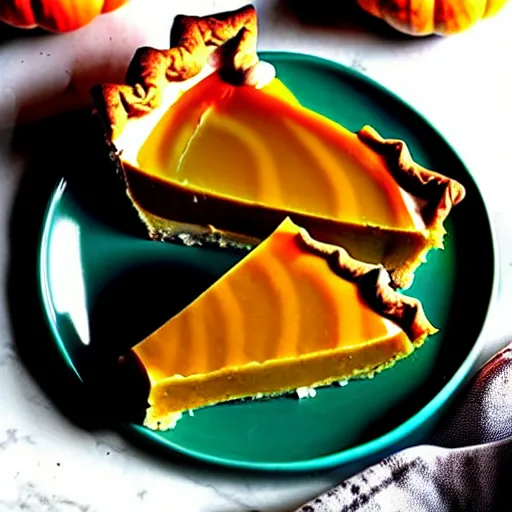 Prompt: pumpkin pie slice on a plate